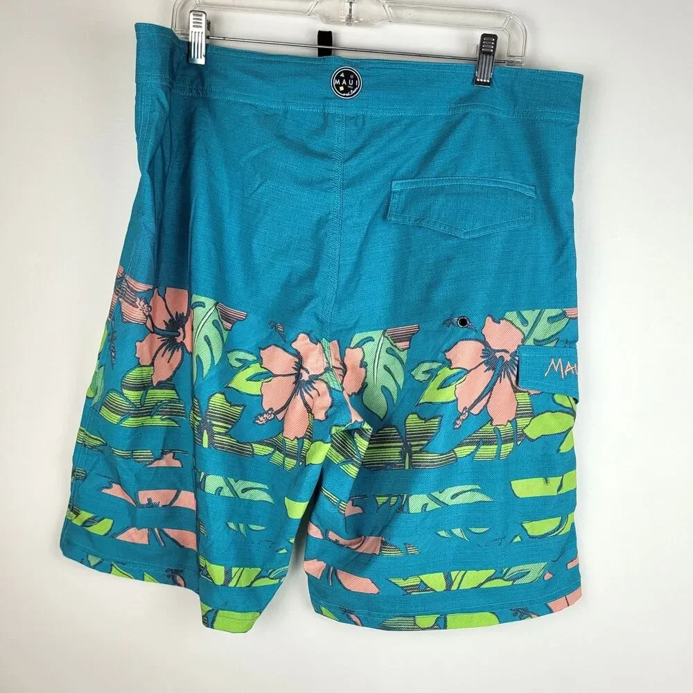 Maui and Sons aqua men's swim trunks pink green Hawaiian tropical print 36